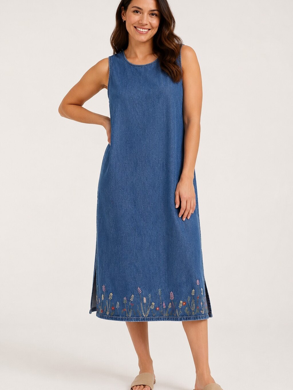 Denim & Co. Plus 1x Blue 90s Denim Embroidered Floral Sleeveless Midi Maxi Dress